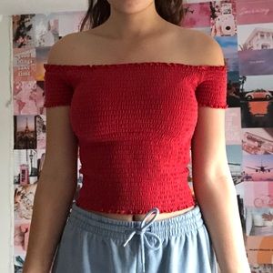2/$10🔥Red smocked off the shoulder top